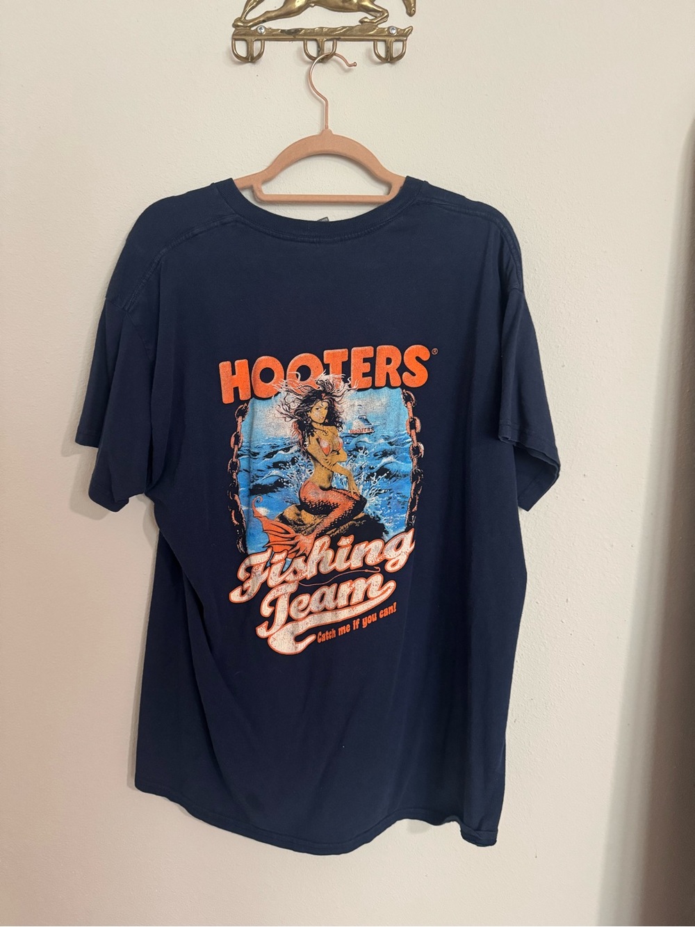 Hooters Navy Tee with Orange & Blue Mermaid Graphic